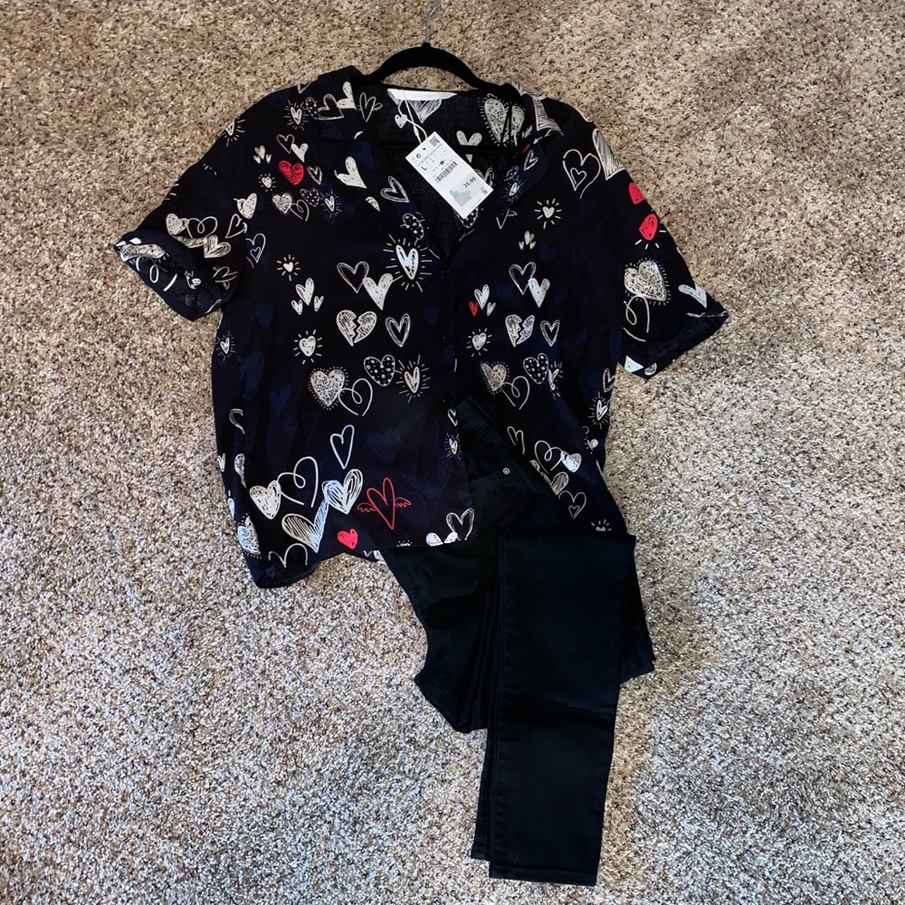 Black cropped button down shirt with heart designs